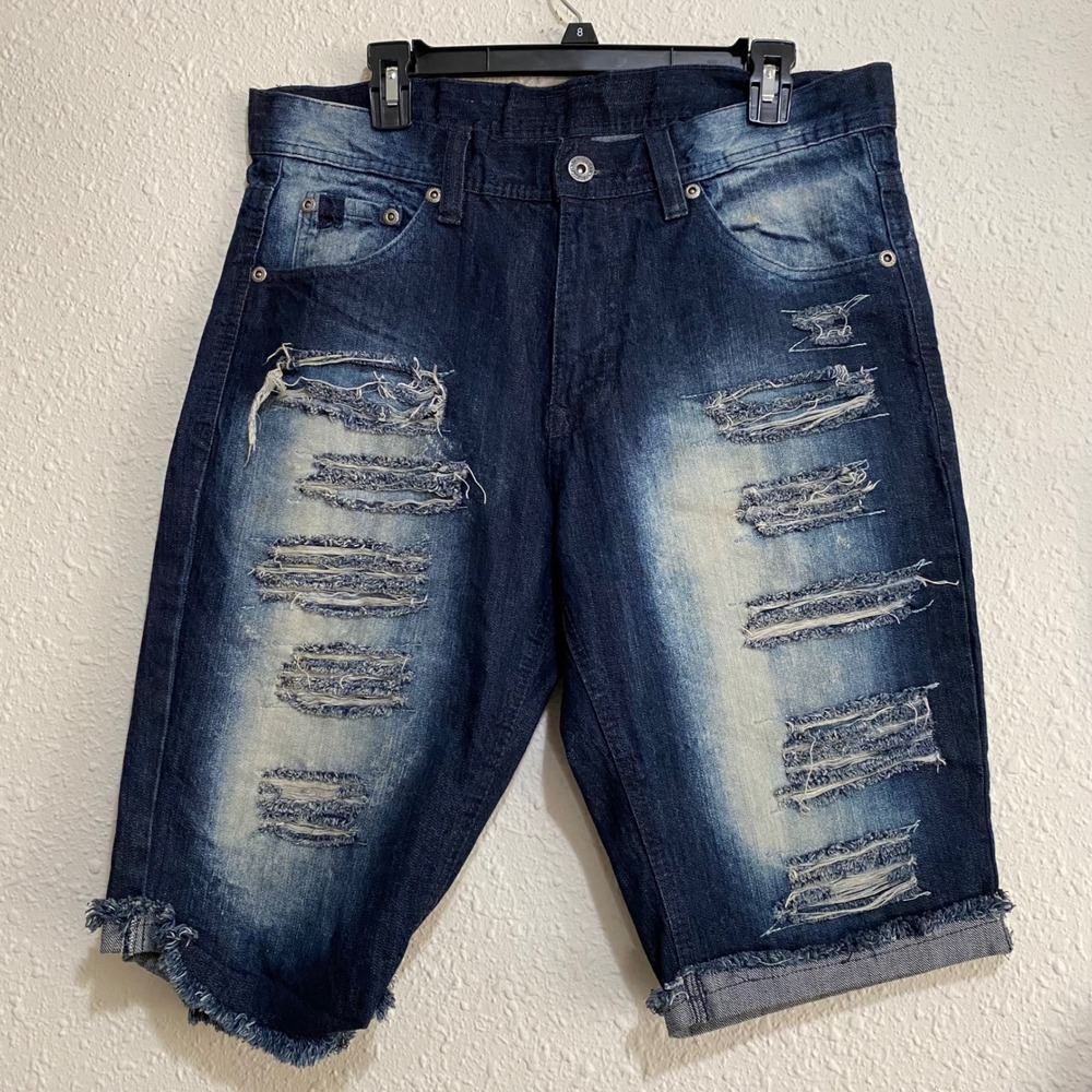South Pole Men's Distressed Ripped Denim Shorts 32 Blue Frayed Hem Casual Summer